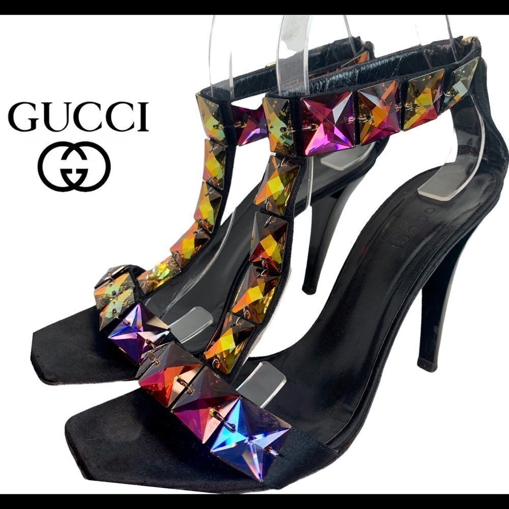 Gucci PINK & PURPLE IRIDESCENT JEWELED BLACK STRAPPY HEELED SANDAL Sz 6 rainbow
